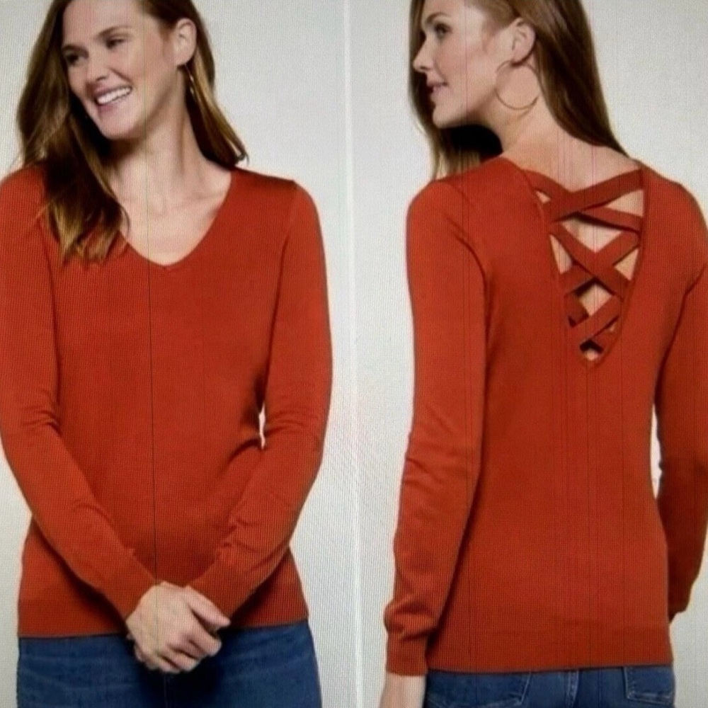 Love Ellie Mia Burnt Orange V-Neck LS Women's Sweater wStrappy Back Sz XS NWOT